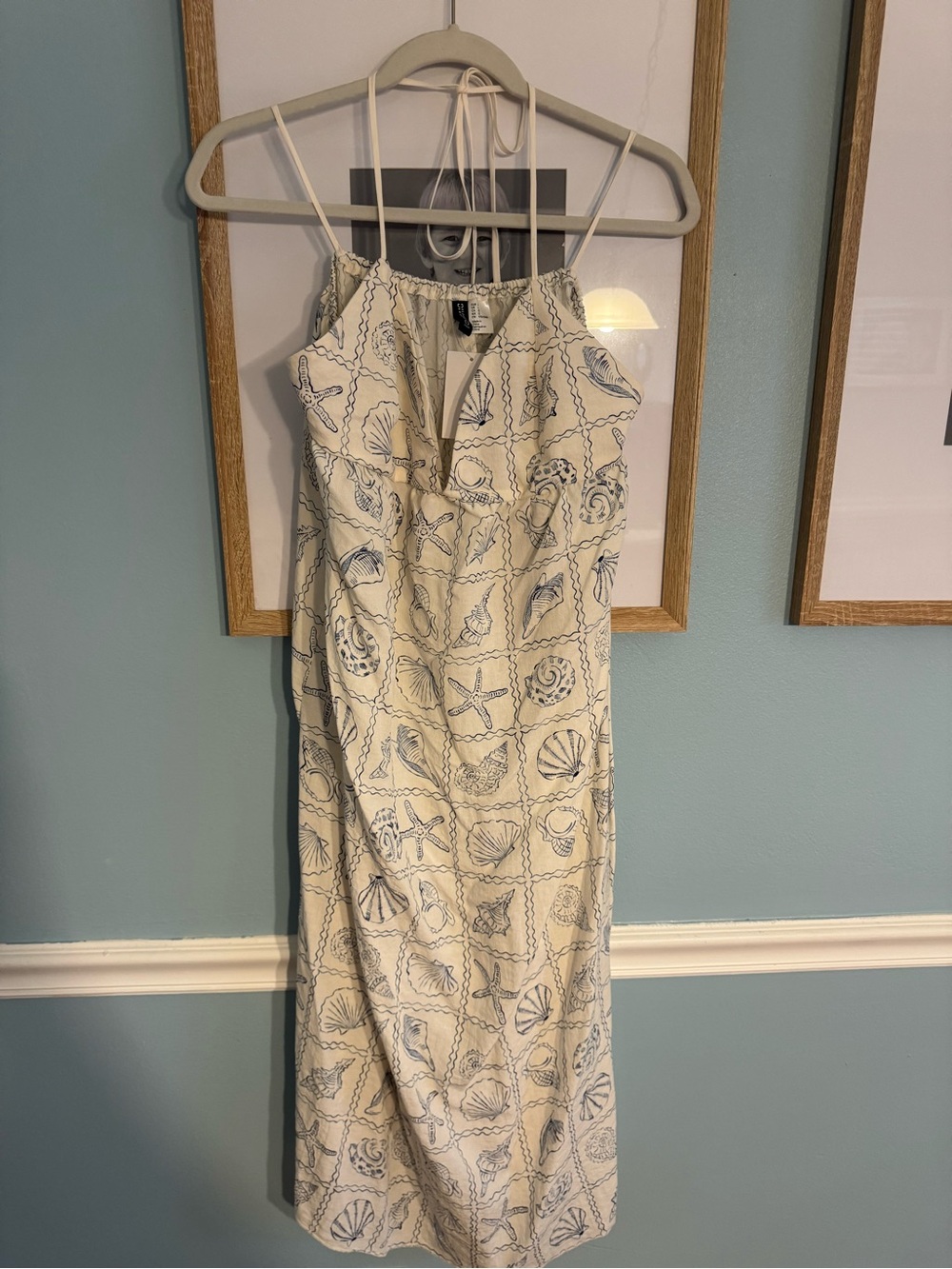 H&M Cream Slip Midi Dress with Blue Shell Print
